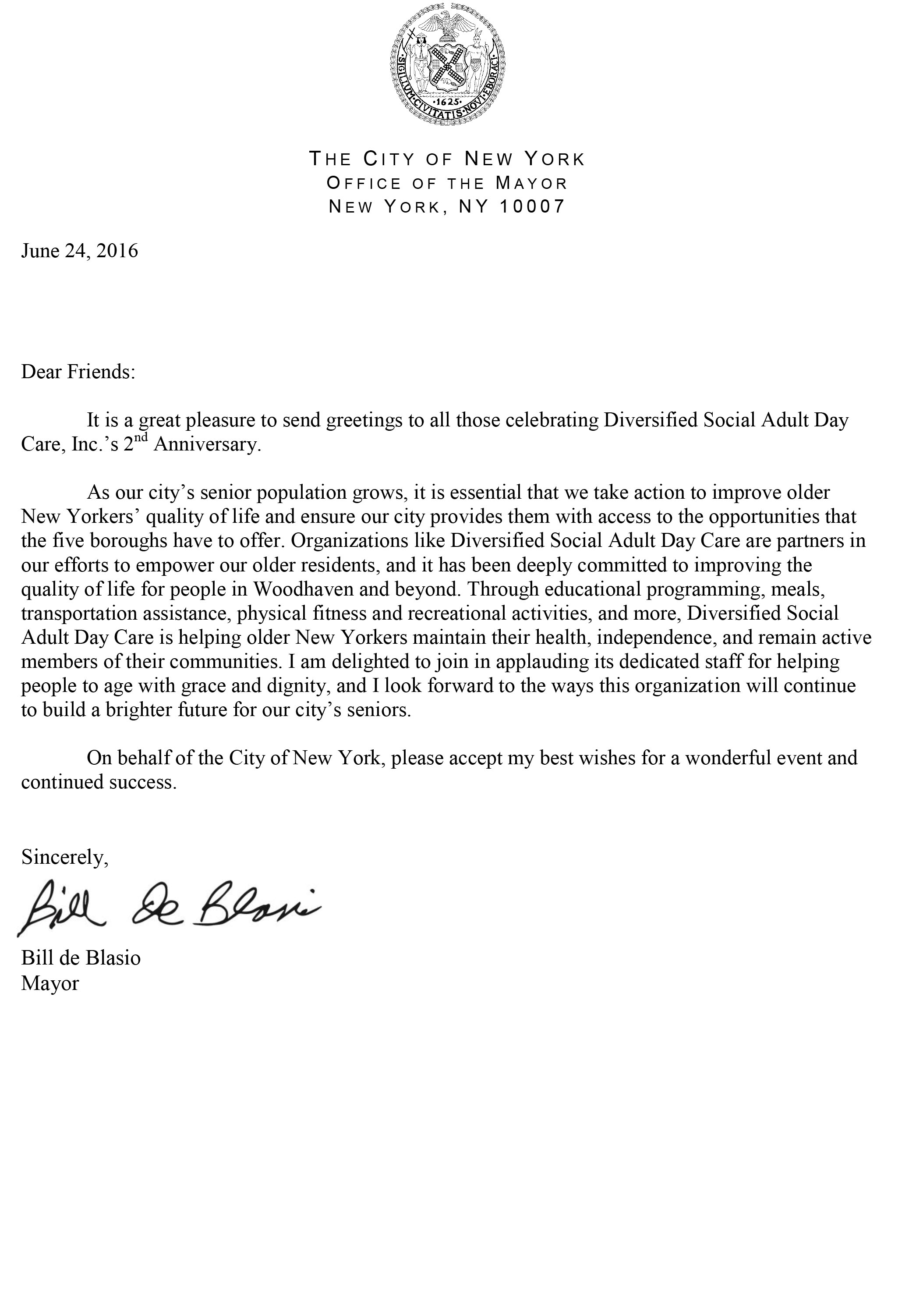 A letter from the mayor of the city recognizing DSADC for their community work